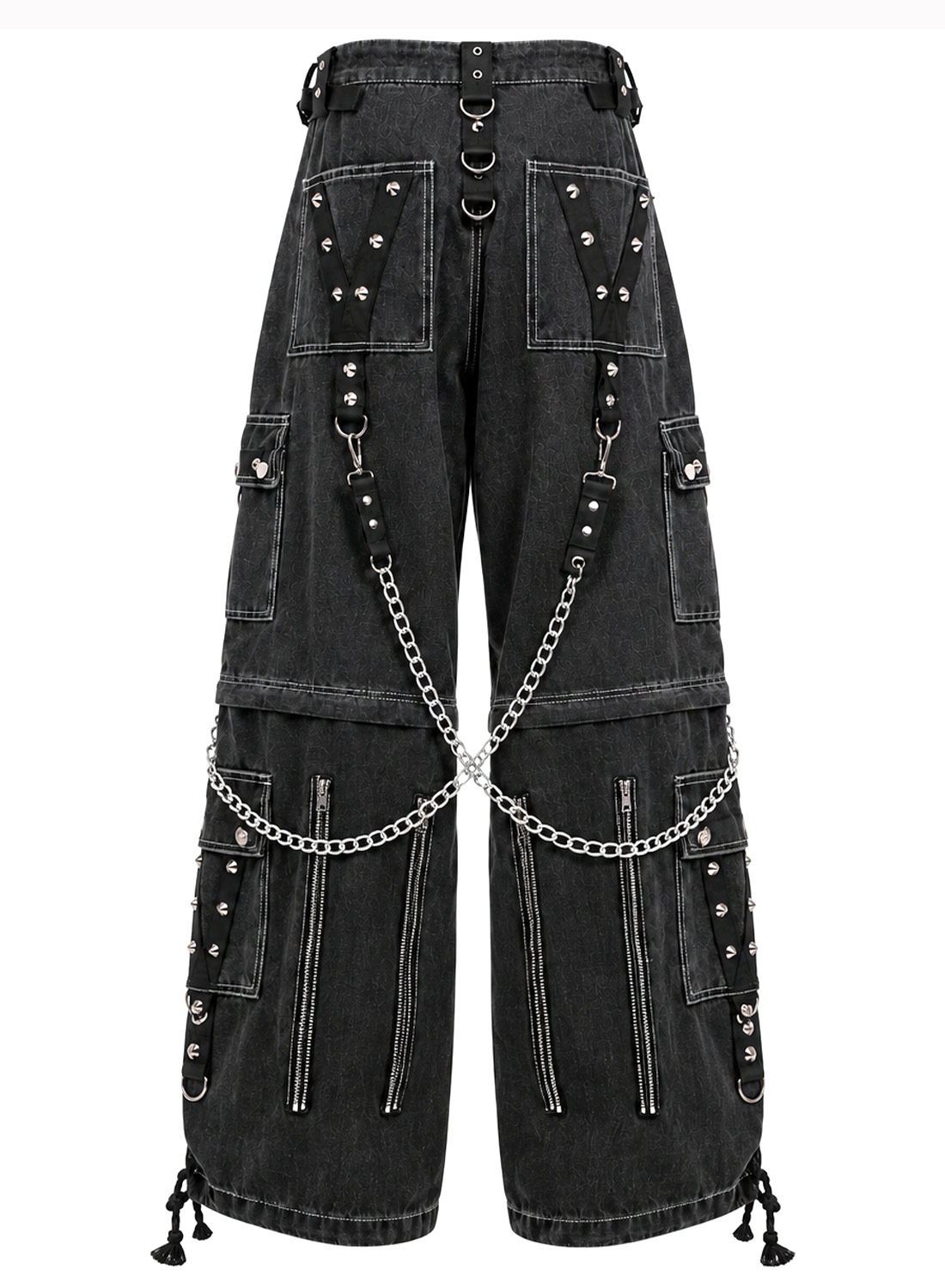 Fra The Abyss Pants Black - Sorte baggy gotiske denimbukser med metalkæder, nitter, stropper og aftagelige bukseben.