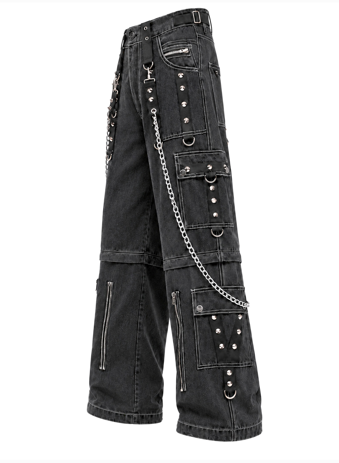 Fra The Abyss Pants Black - Sorte baggy gotiske denimbukser med metalkæder, nitter, stropper og aftagelige bukseben.