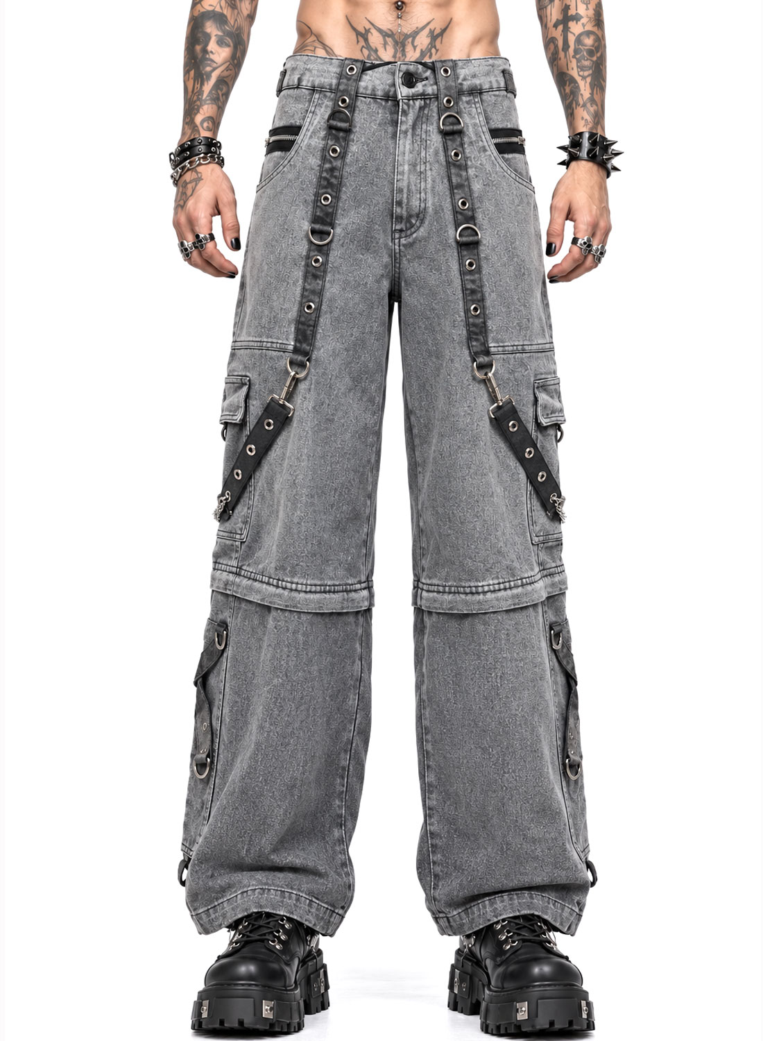 Grave Digger Pants grå baggy denimbukser med kæder, stropper og aftagelige bukseben, der bliver til shorts.