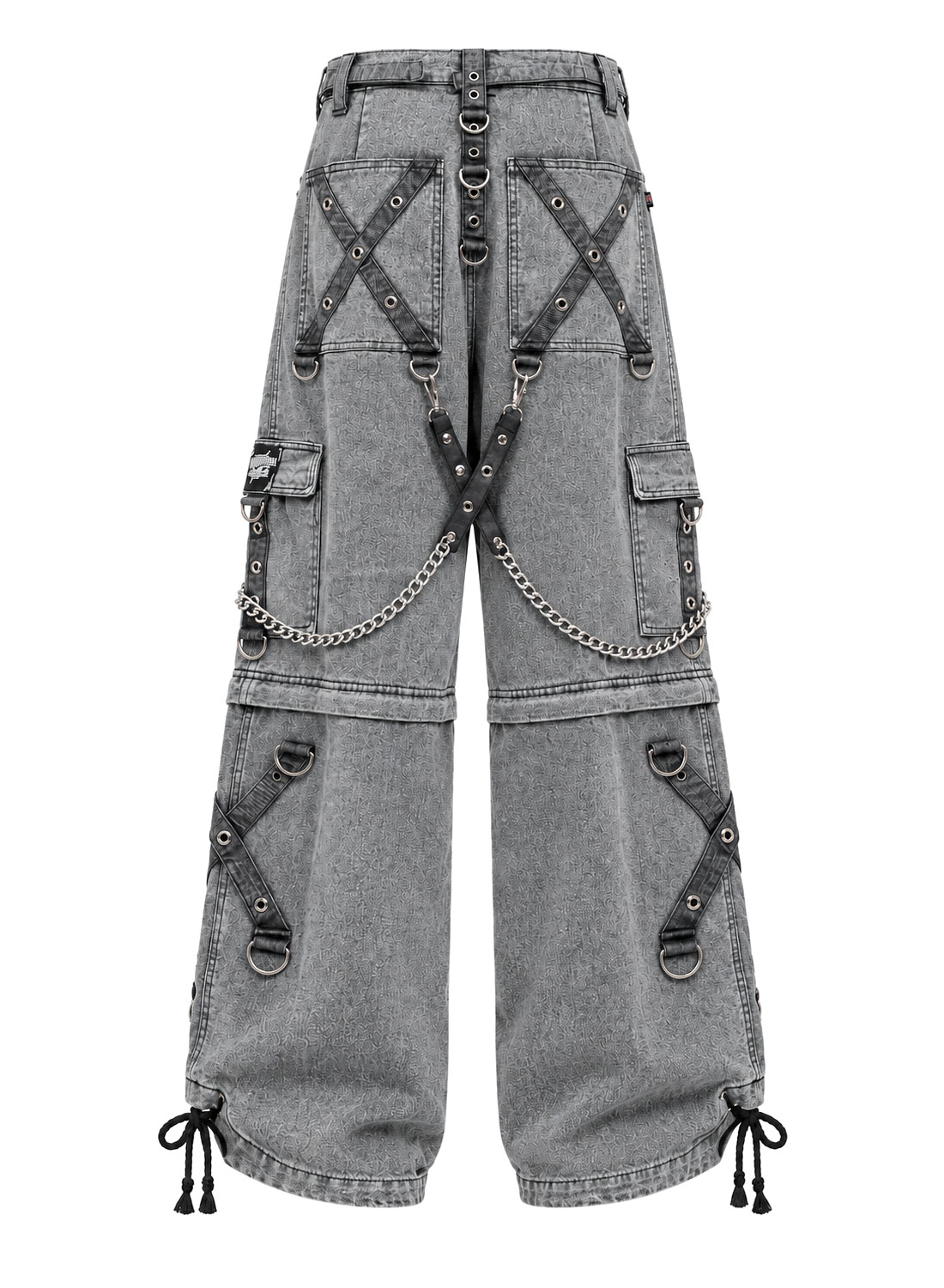 Grave Digger Pants grå baggy denimbukser med kæder, stropper og aftagelige bukseben, der bliver til shorts.