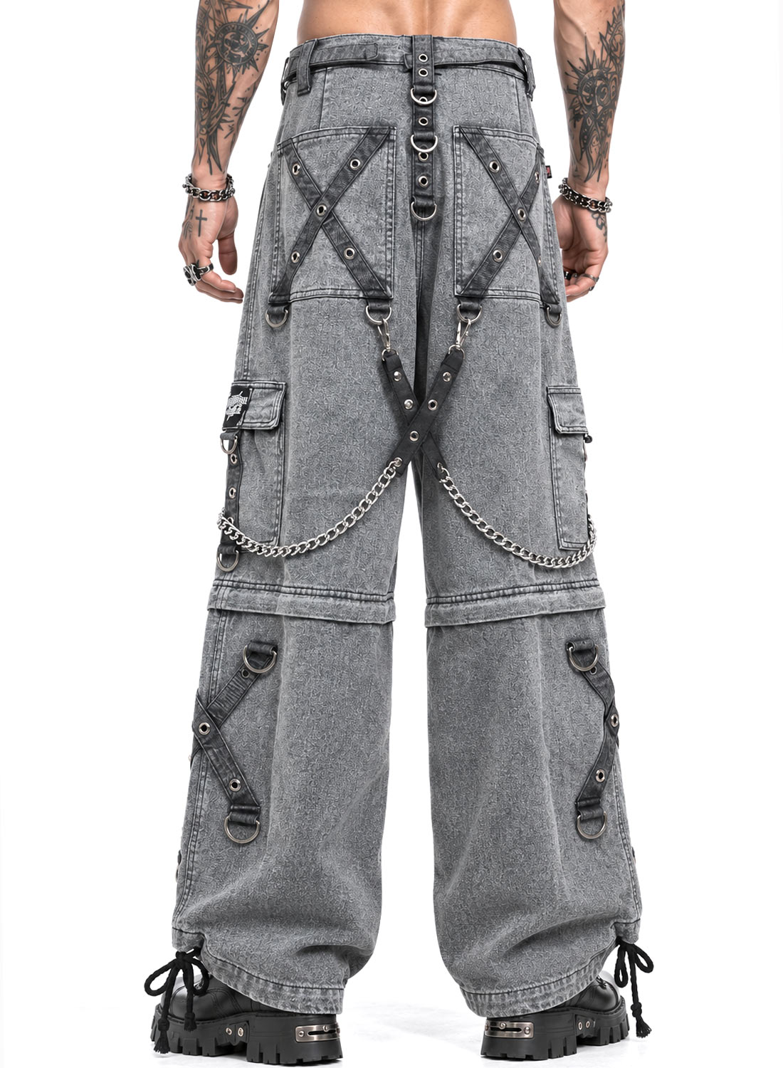 Grave Digger Pants grå baggy denimbukser med kæder, stropper og aftagelige bukseben, der bliver til shorts.