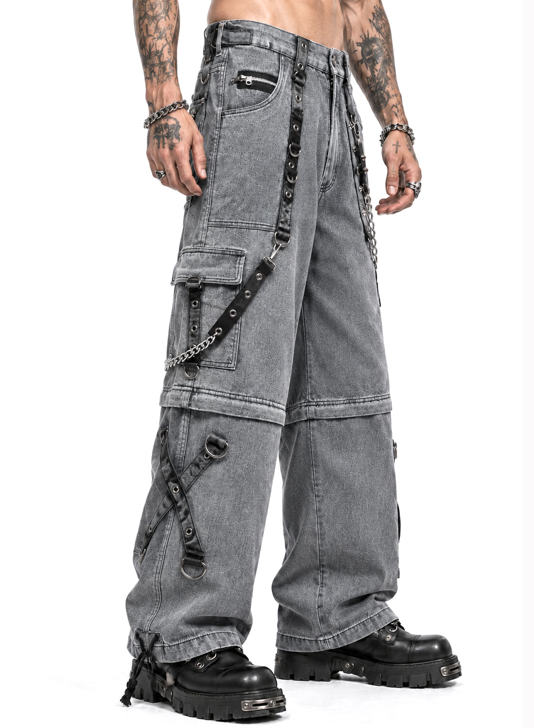 Grave Digger Pants grå baggy denimbukser med kæder, stropper og aftagelige bukseben, der bliver til shorts.