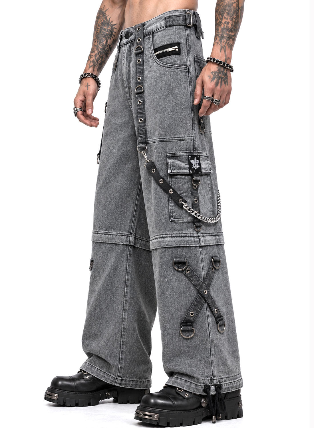 Grave Digger Pants grå baggy denimbukser med kæder, stropper og aftagelige bukseben, der bliver til shorts.