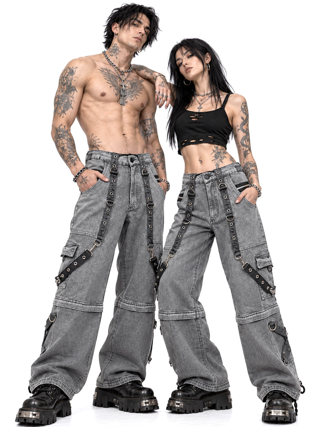 Grave Digger Pants grå baggy denimbukser med kæder, stropper og aftagelige bukseben, der bliver til shorts.