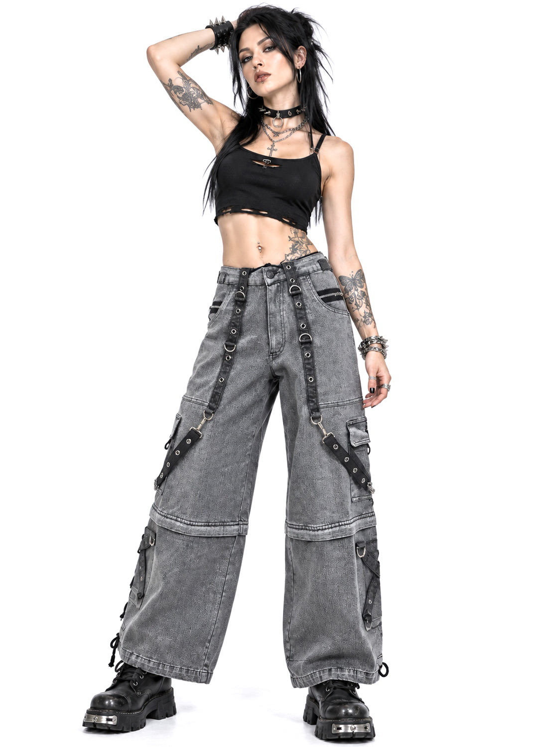 Grave Digger Pants grå baggy denimbukser med kæder, stropper og aftagelige bukseben, der bliver til shorts.
