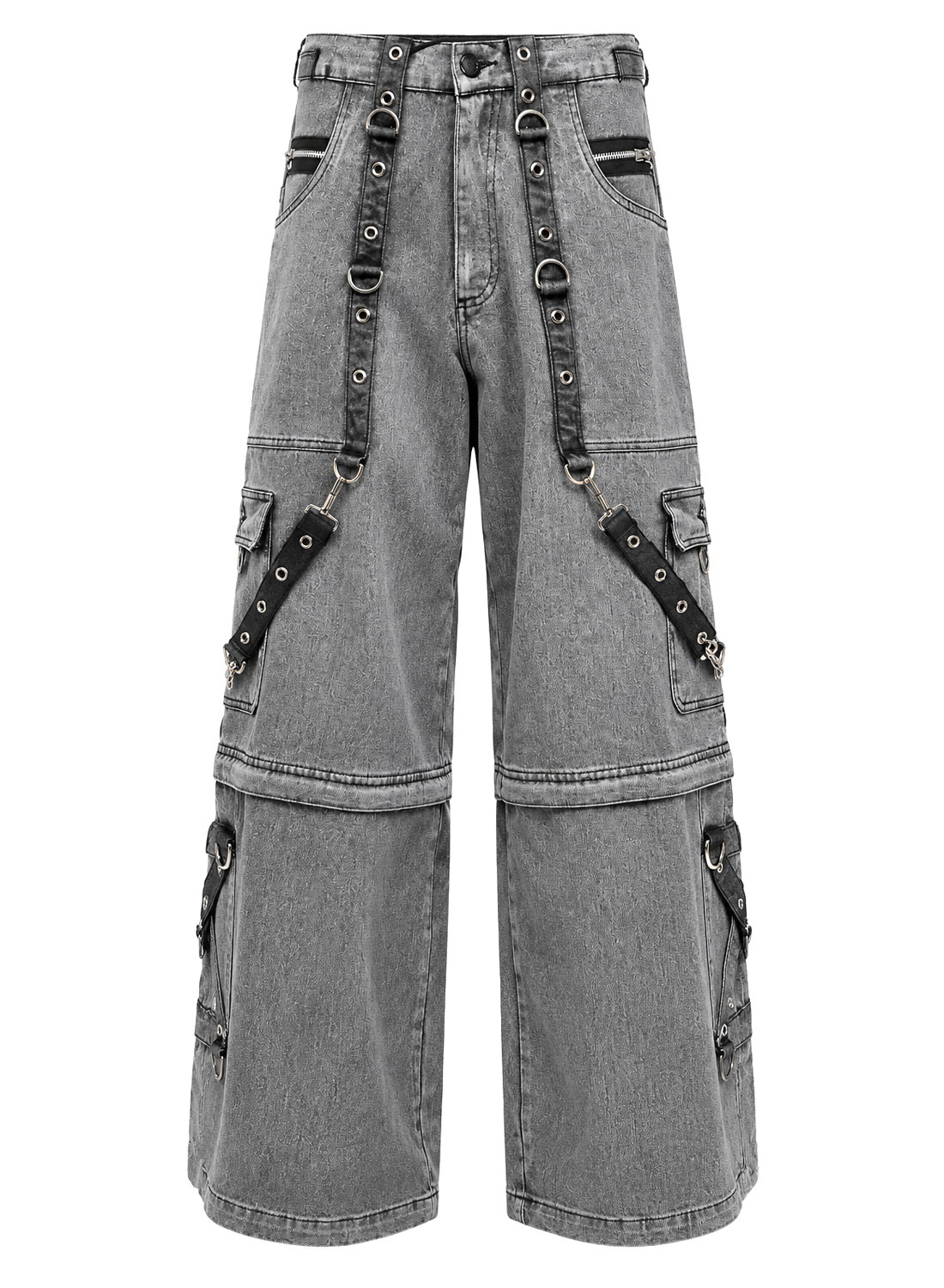 Grave Digger Pants grå baggy denimbukser med kæder, stropper og aftagelige bukseben, der bliver til shorts.