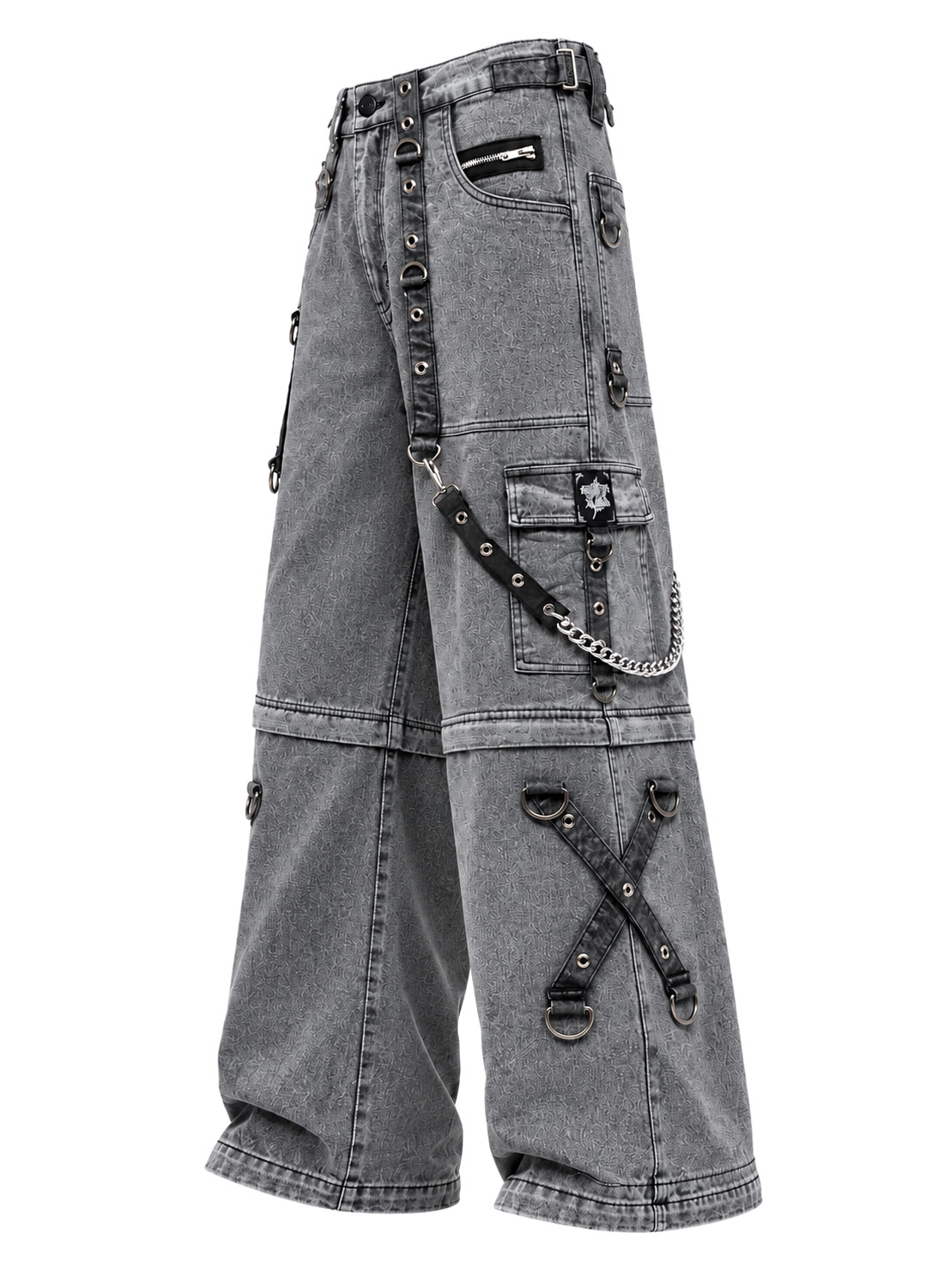 Grave Digger Pants grå baggy denimbukser med kæder, stropper og aftagelige bukseben, der bliver til shorts.