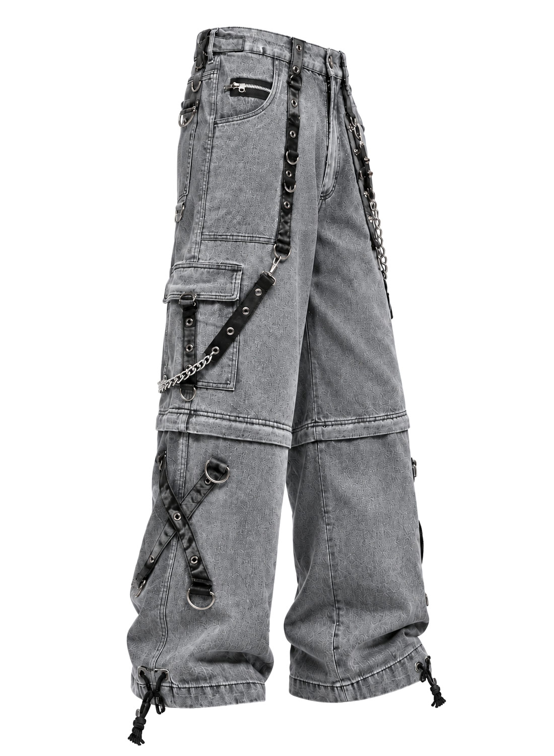 Grave Digger Pants grå baggy denimbukser med kæder, stropper og aftagelige bukseben, der bliver til shorts.
