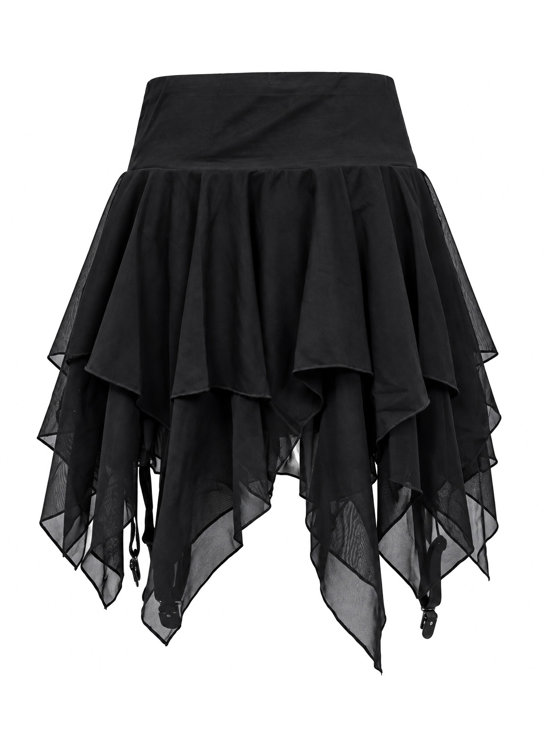 Mørk nymfe kort. Sort gotisk asymmetrisk nederdel med flere lag stof, dekorative bånd og indbyggede hotpants.
