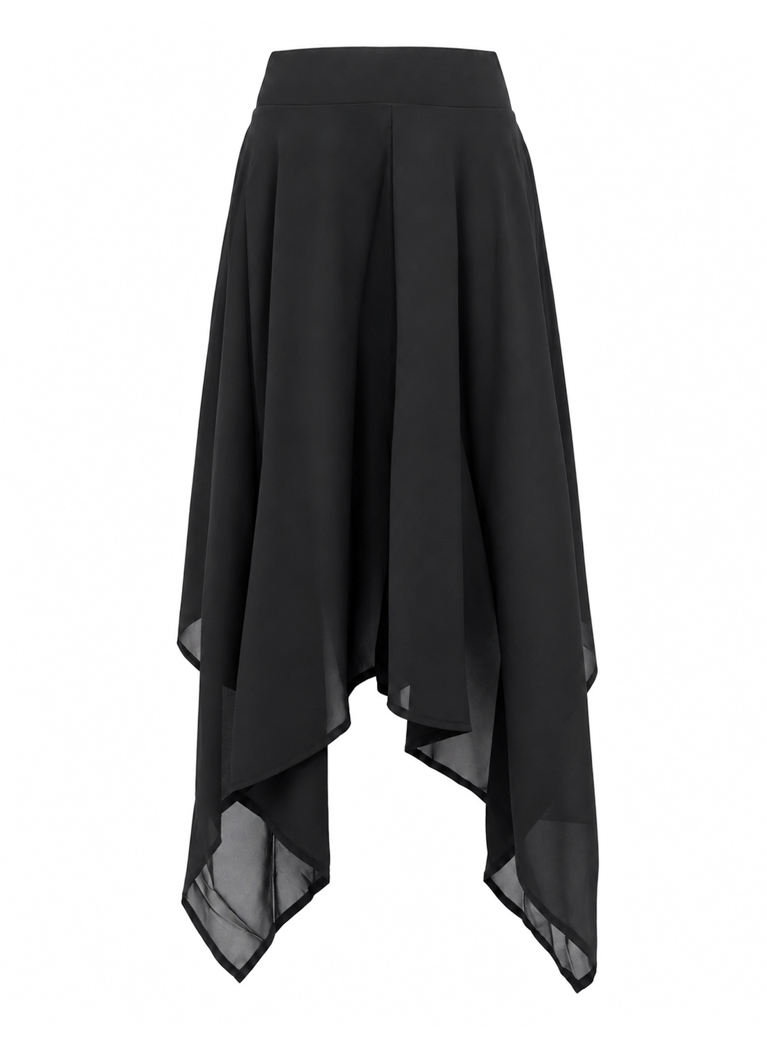 Midnight Shadow Skort – sort asymmetrisk gotisk nederdel med bred elastik i taljen, gennemsigtige lag, spidse ender og indbyggede hotpants.