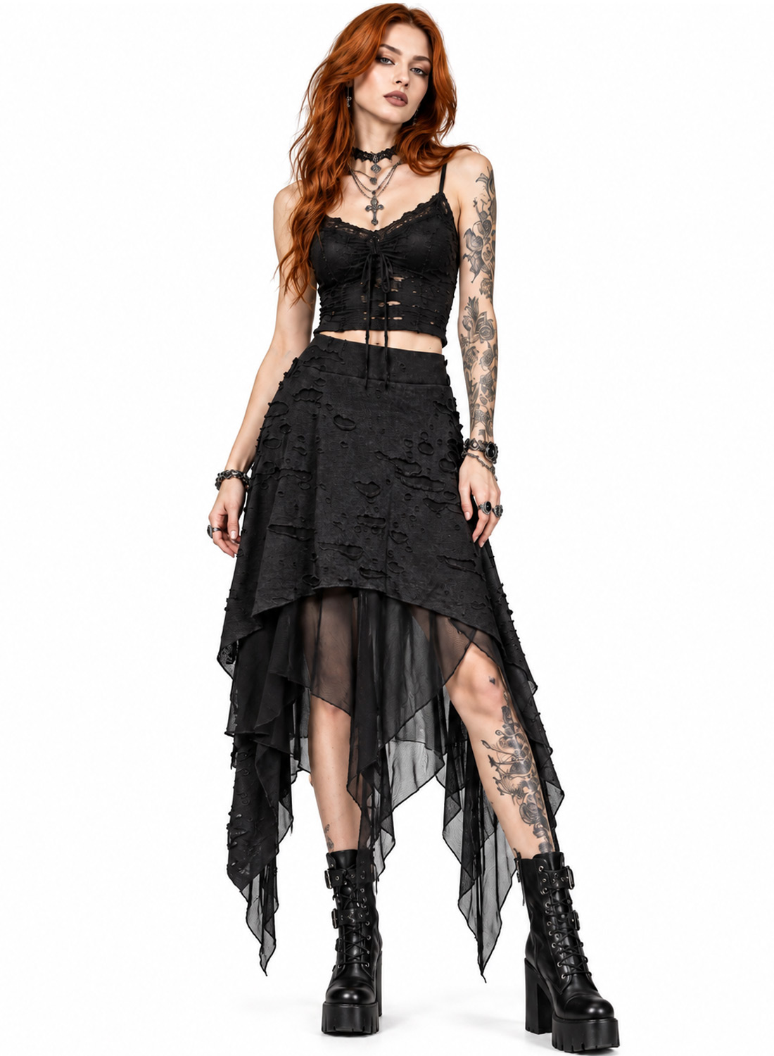 Apocalypse Chic Skirt, sort gotisk asymmetrisk nederdel med struktureret distressed-stof, transparente mesh-lag, spidse kanter og elastisk talje.
