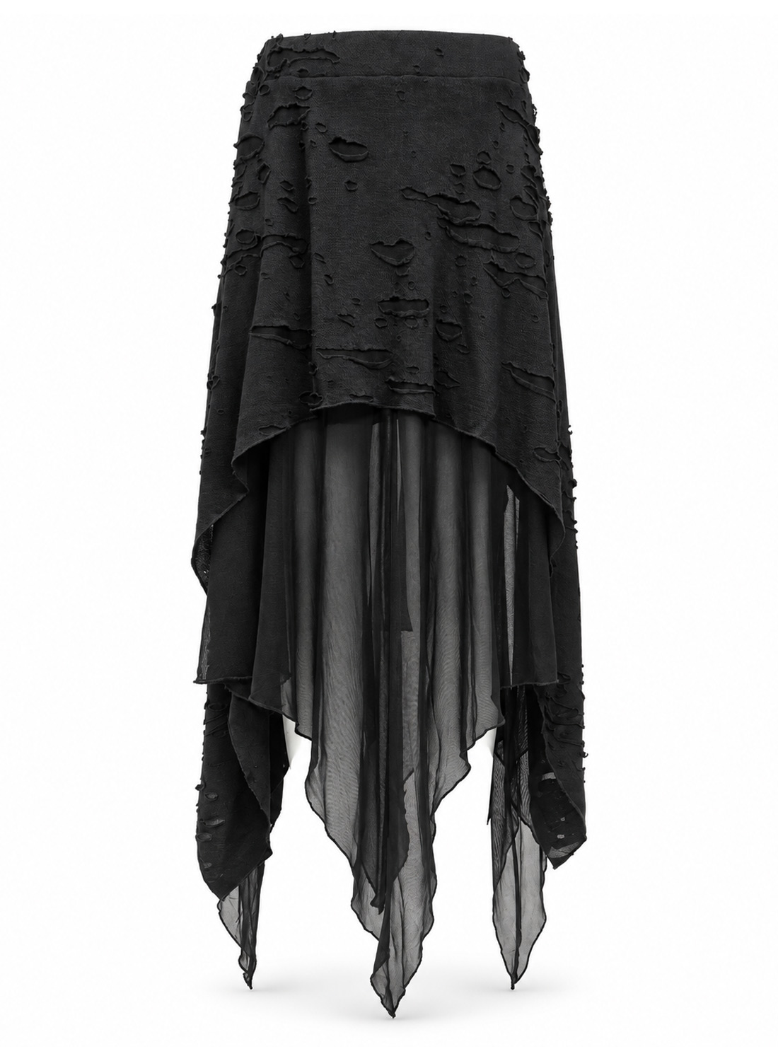 Apocalypse Chic Skirt, sort gotisk asymmetrisk nederdel med struktureret distressed-stof, transparente mesh-lag, spidse kanter og elastisk talje.