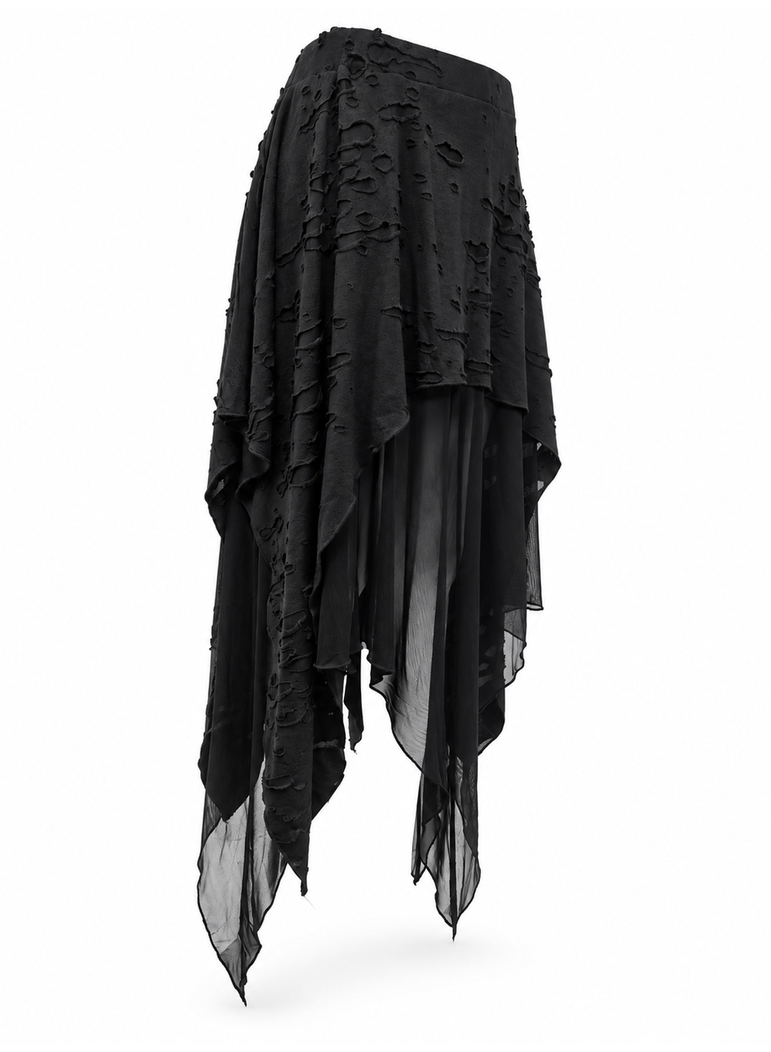 Apocalypse Chic Skirt, sort gotisk asymmetrisk nederdel med struktureret distressed-stof, transparente mesh-lag, spidse kanter og elastisk talje.