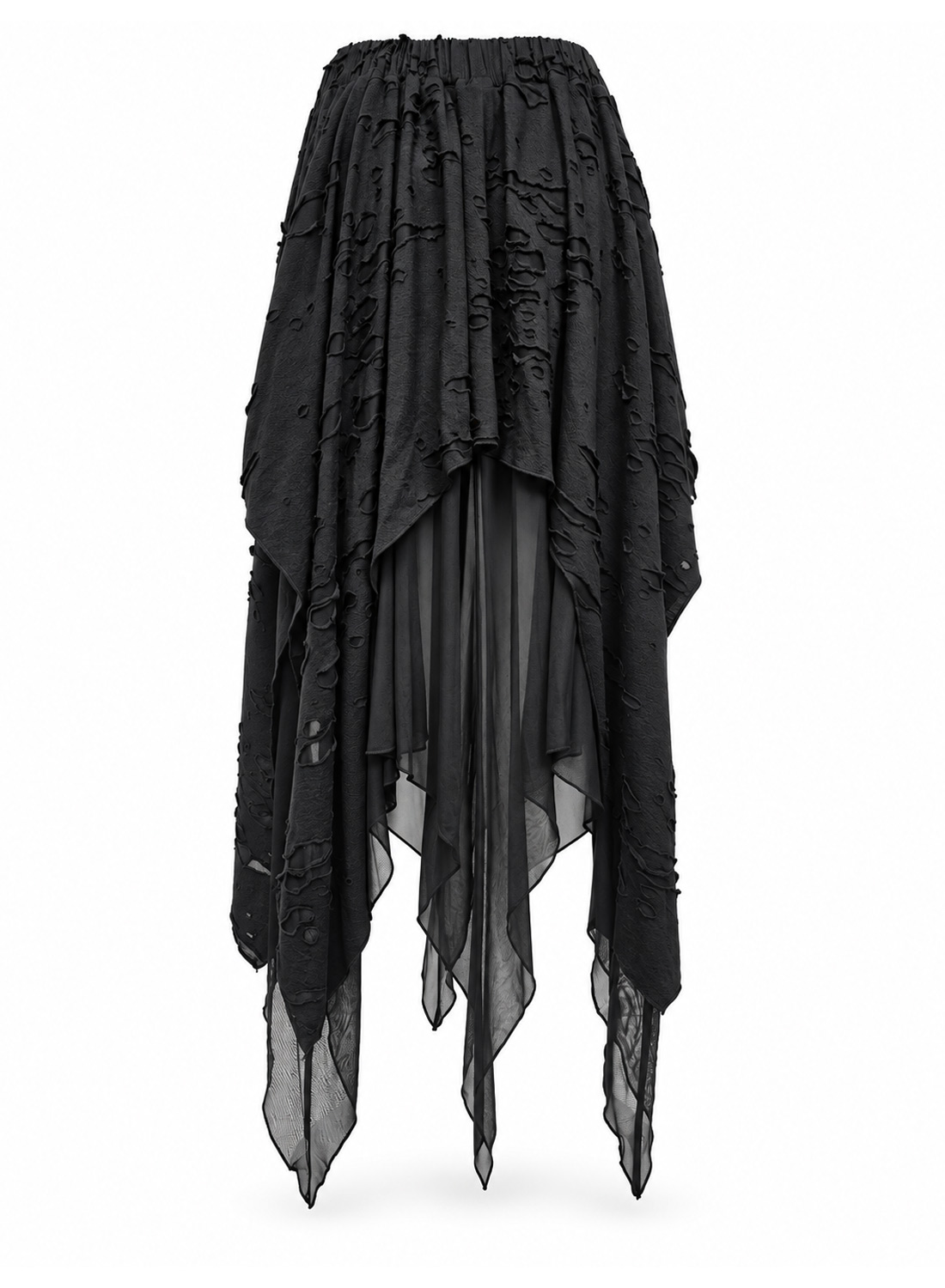 Apocalypse Chic Skirt, sort gotisk asymmetrisk nederdel med struktureret distressed-stof, transparente mesh-lag, spidse kanter og elastisk talje.