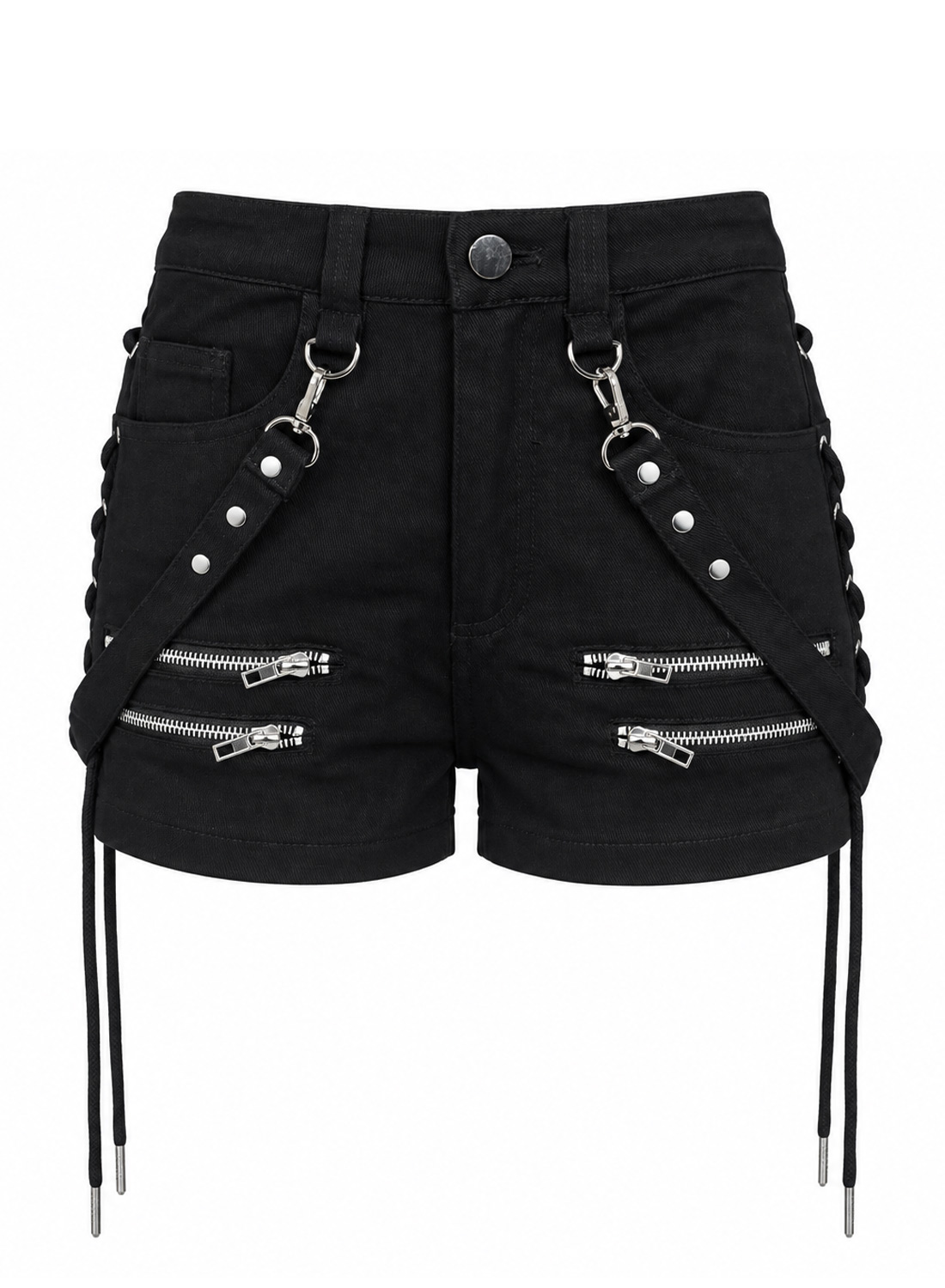 Sorte Bad Omens Shorts i stretchstof med sølv lynlåse, aftagelige nittestropper og dekorativ snøring langs siderne.