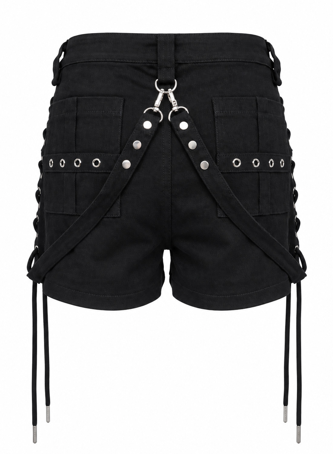 Sorte Bad Omens Shorts i stretchstof med sølv lynlåse, aftagelige nittestropper og dekorativ snøring langs siderne.