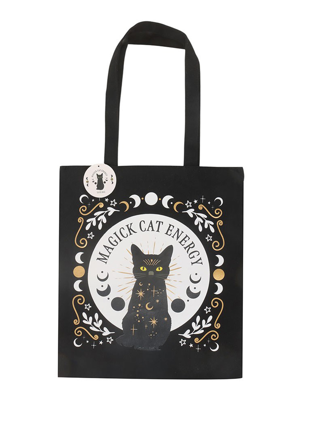 Black Magick Cat Energy Tote Bag - sort stoftaske i polyester med kattemotiver, gule øjne, månefaser og stjerner. Mål 38,5 × 33,8 cm.